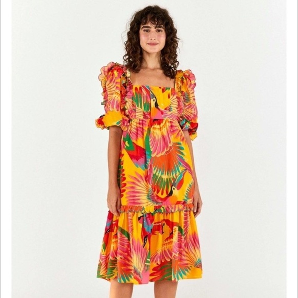 Farm Rio Yellow Tropical Toucan Print Puff Sleeve Ruffle Midi Dress Size L